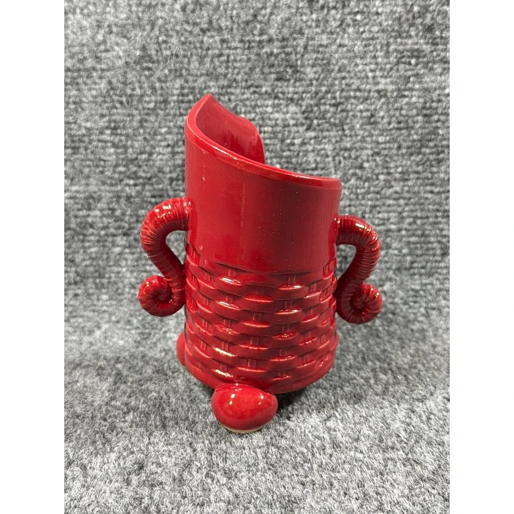 Red Ceramic Studio Pottery Anthropomorphic Basketweave Vase Scrolled Arms 5